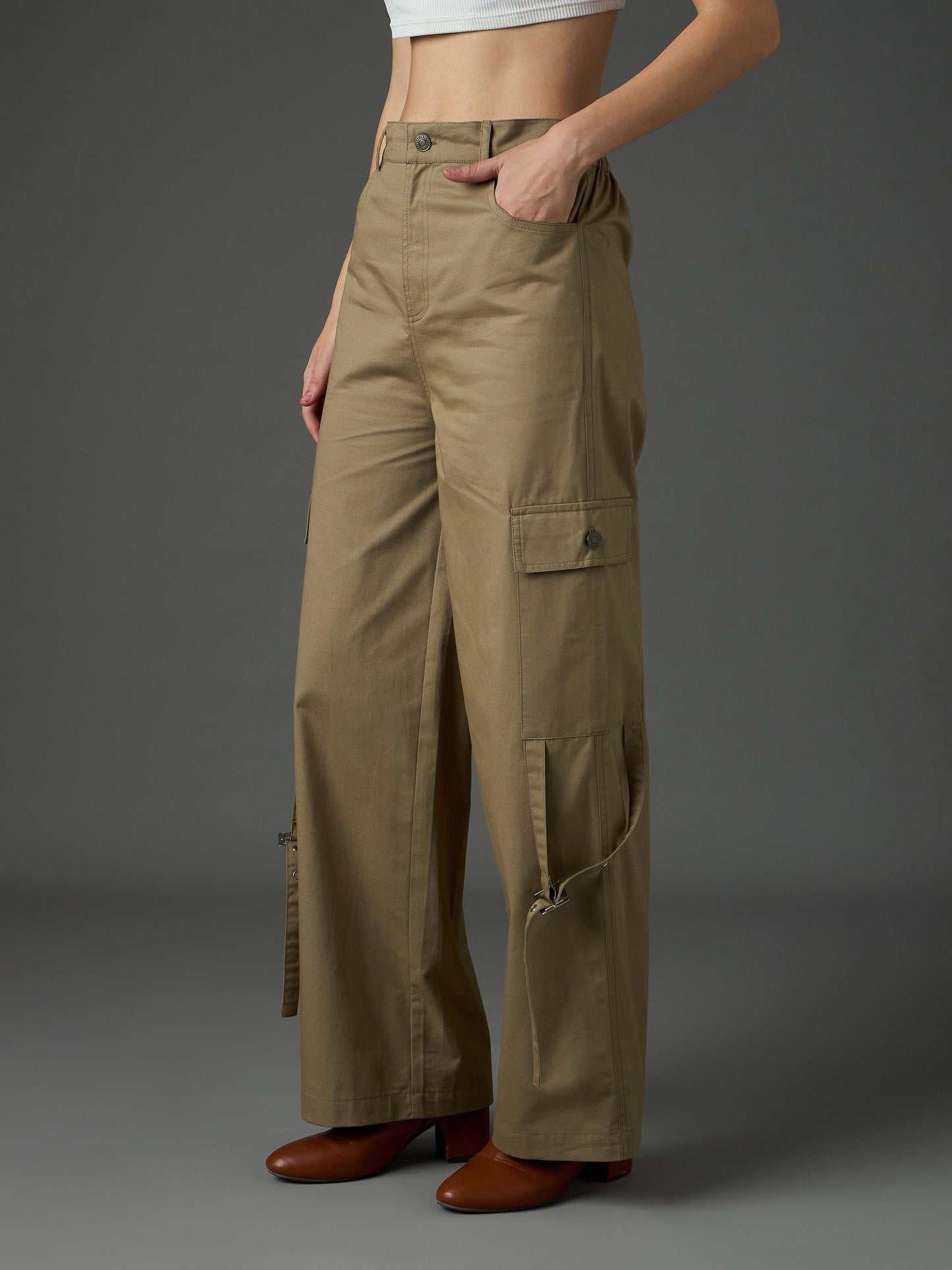Women Pastel Olive Twill Pocket Loop Detail Cargo Pants