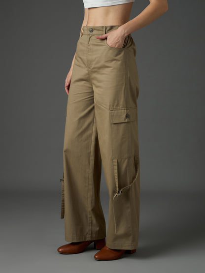Women Pastel Olive Twill Pocket Loop Detail Cargo Pants