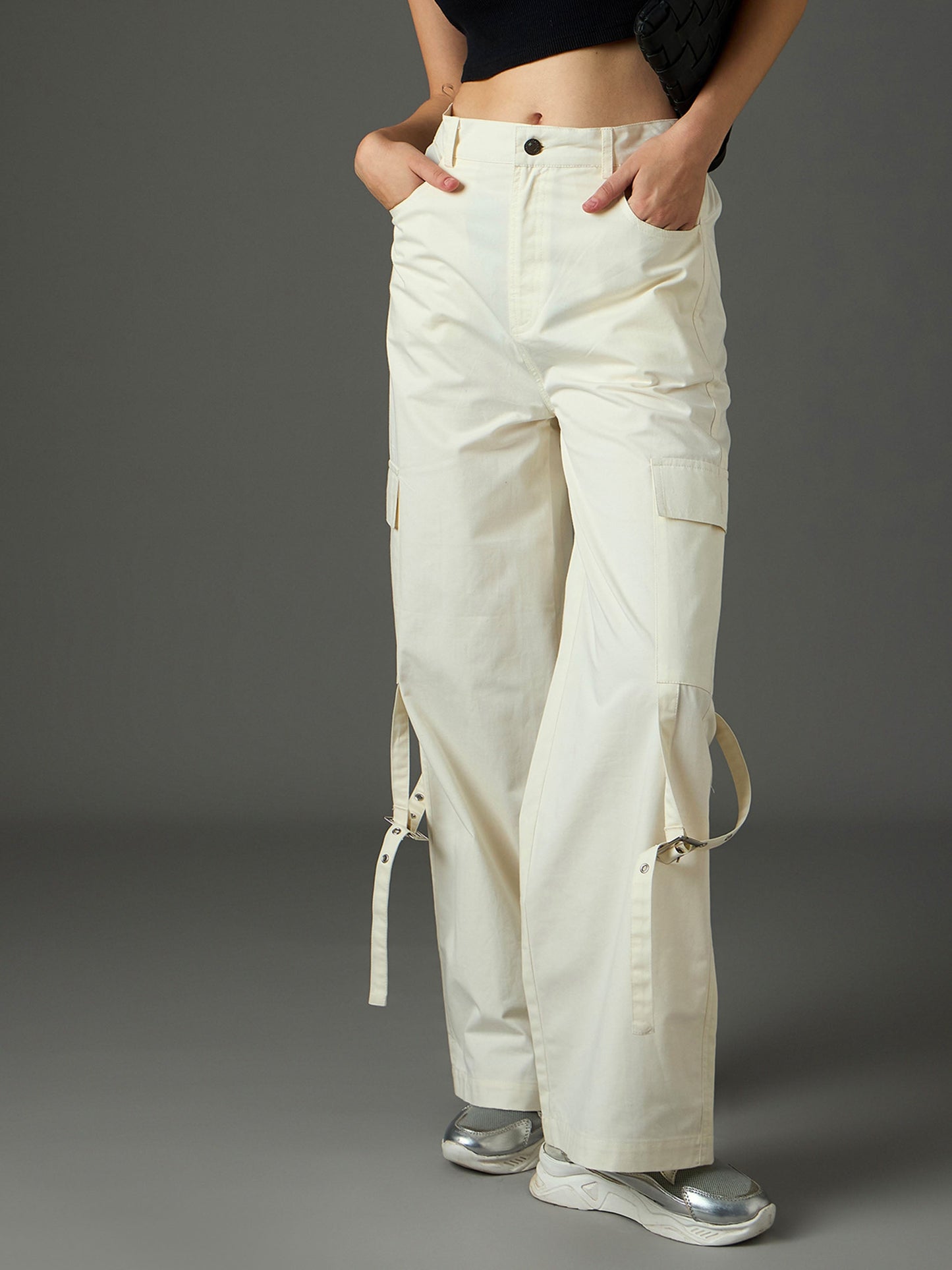 Women White Twill Pocket Loop Detail Cargo Pants
