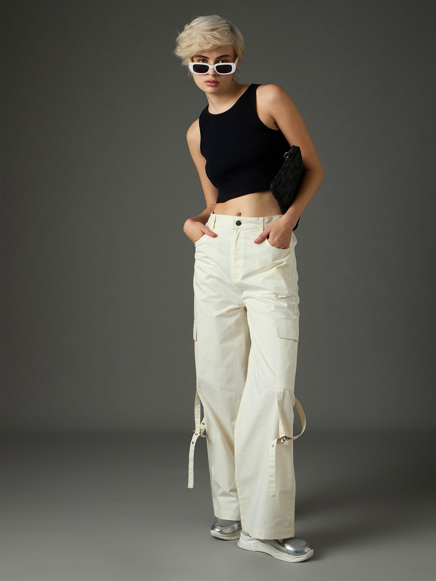 Women White Twill Pocket Loop Detail Cargo Pants