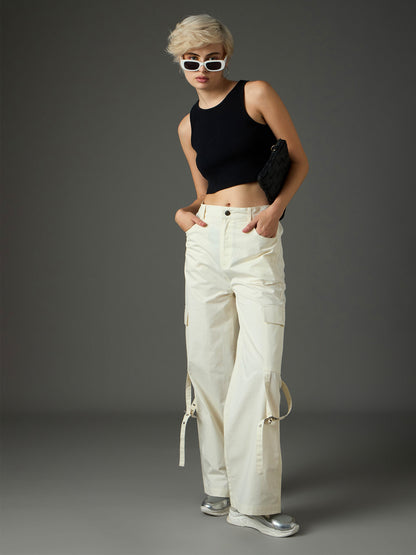 Women White Twill Pocket Loop Detail Cargo Pants
