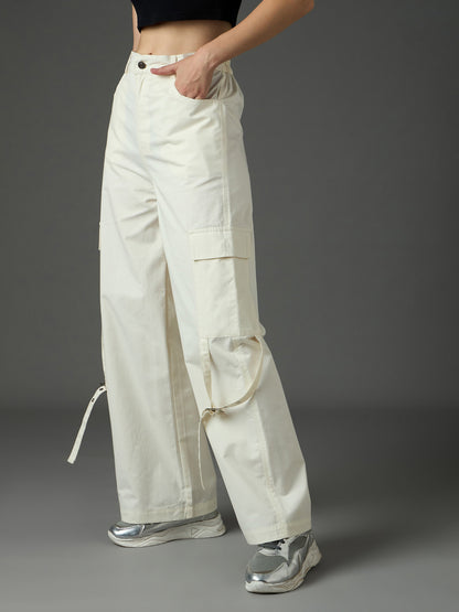 Women White Twill Pocket Loop Detail Cargo Pants