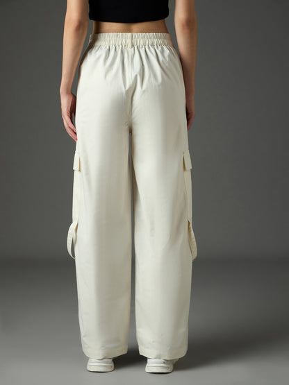 Women White Twill Pocket Loop Detail Cargo Pants