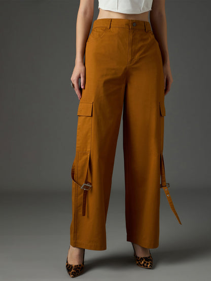 Women Tan Twill Pocket Loop Detail Cargo Pants