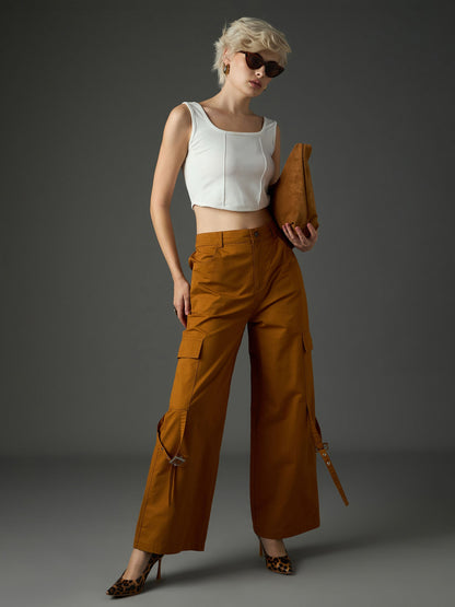 Women Tan Twill Pocket Loop Detail Cargo Pants
