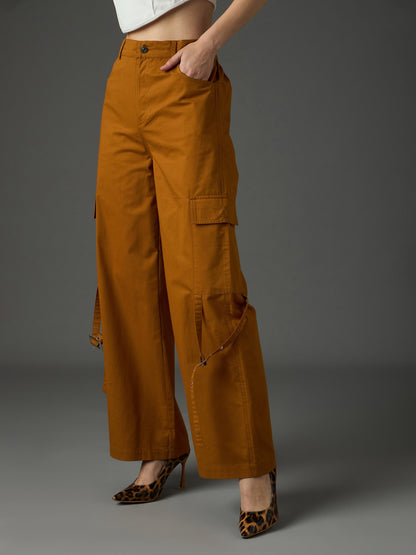 Women Tan Twill Pocket Loop Detail Cargo Pants