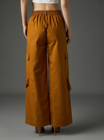 Women Tan Twill Pocket Loop Detail Cargo Pants