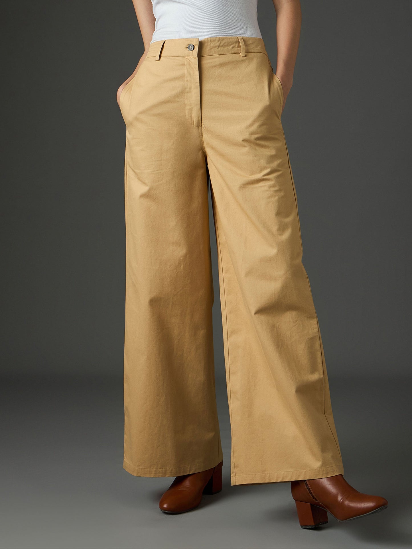 Women Beige Twill Flared Pants