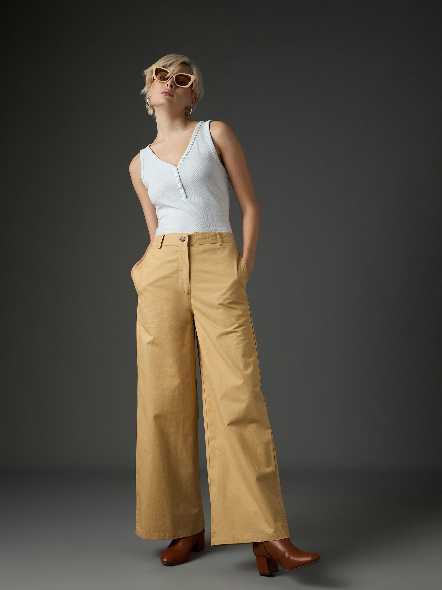 Women Beige Twill Flared Pants
