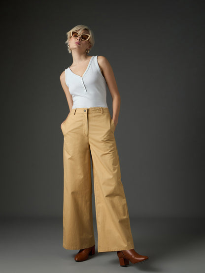 Women Beige Twill Flared Pants
