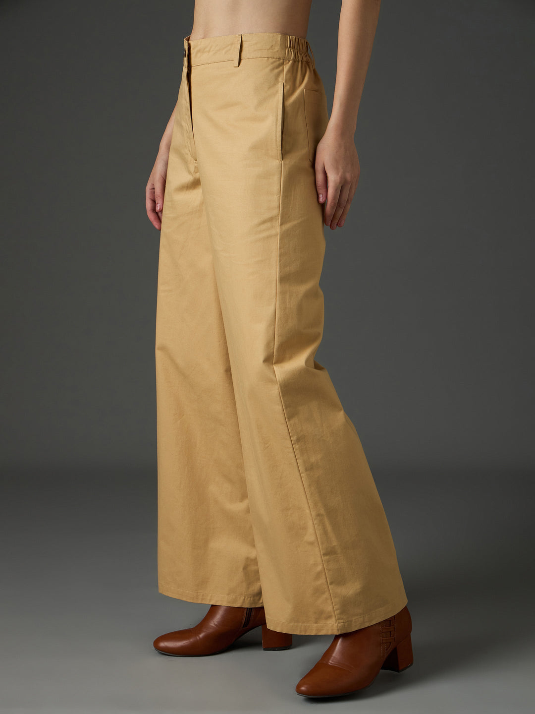Women Beige Twill Flared Pants