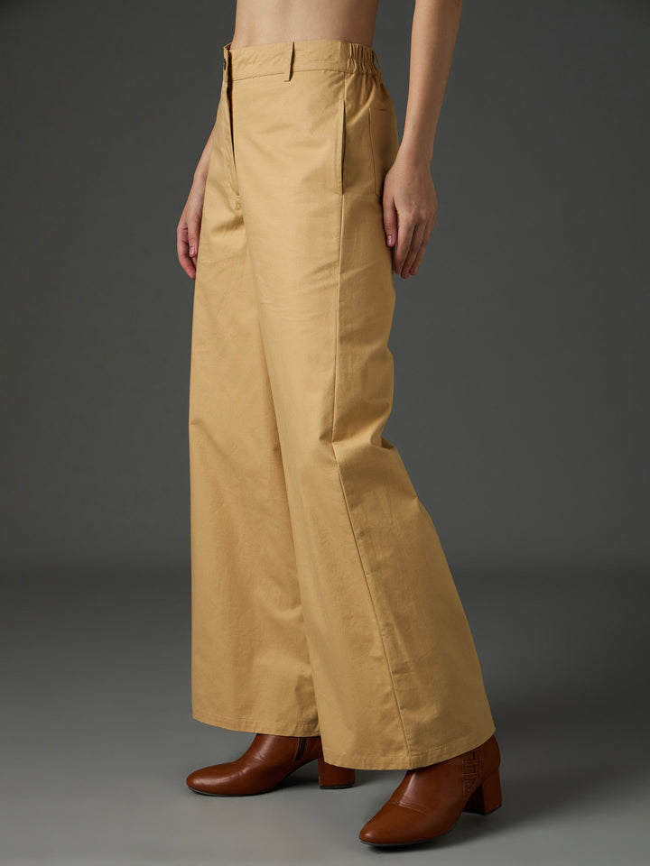 Women Beige Twill Flared Pants