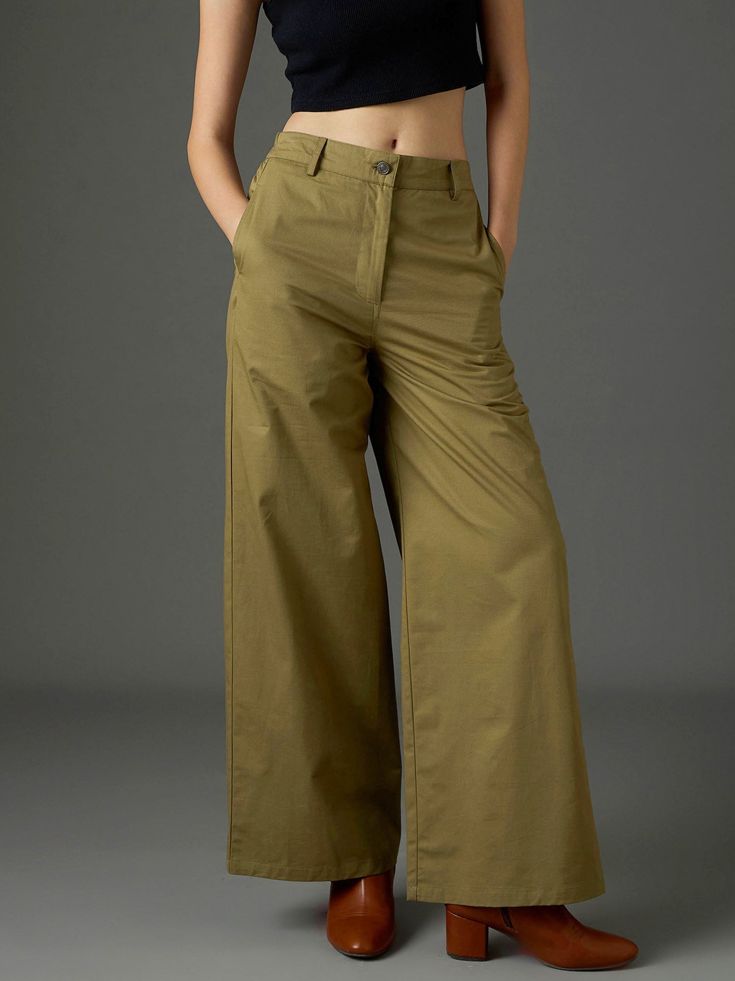 Women Olive Twill Flared Pants