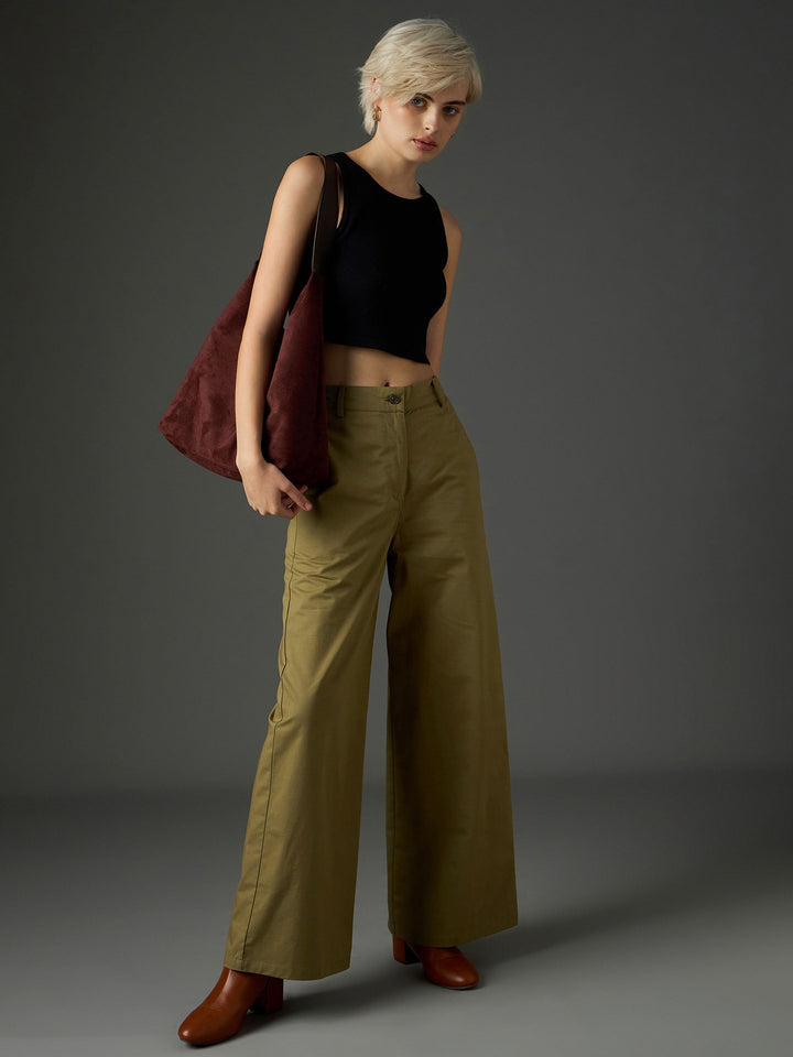 Women Olive Twill Flared Pants