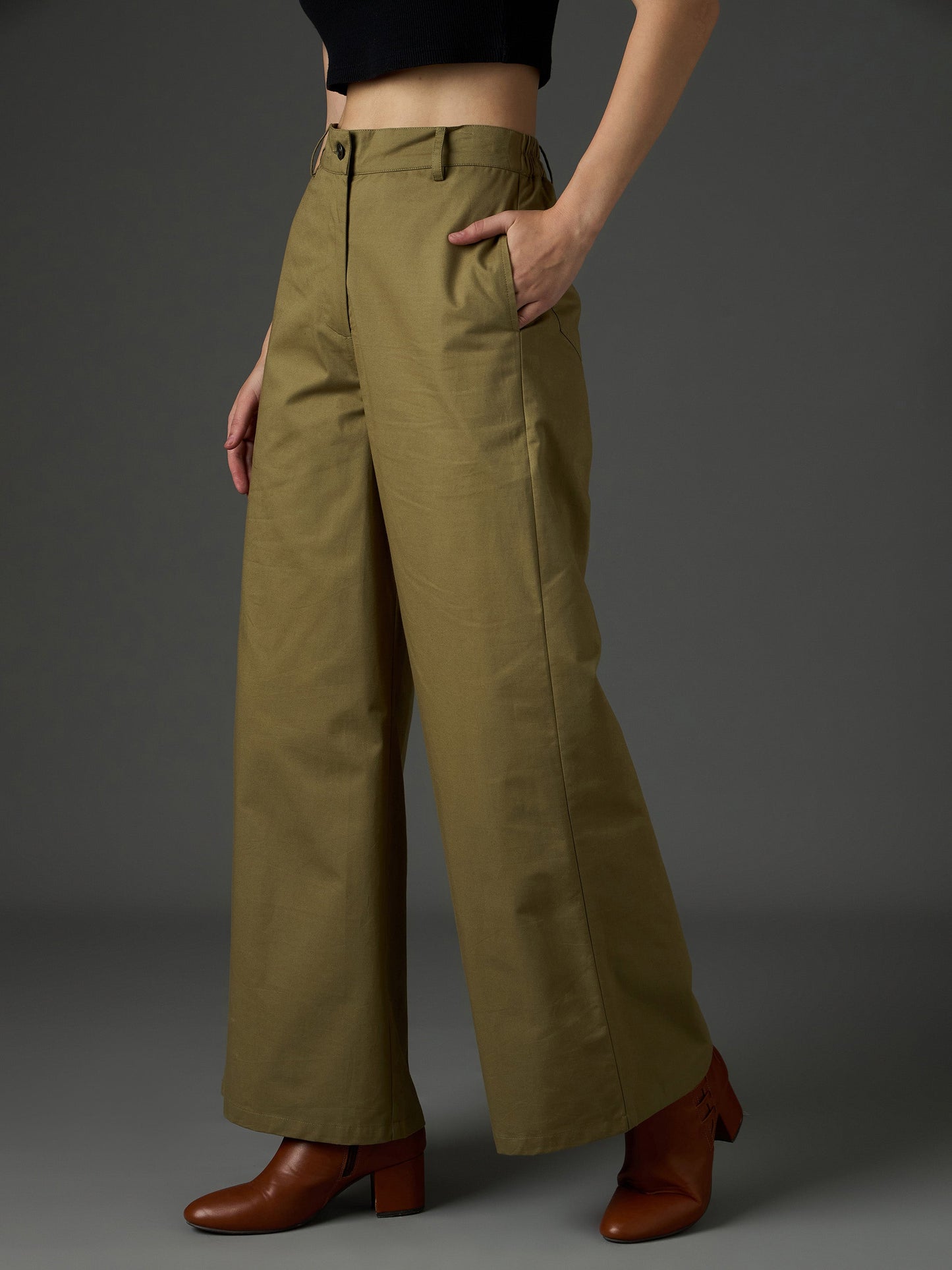Women Olive Twill Flared Pants