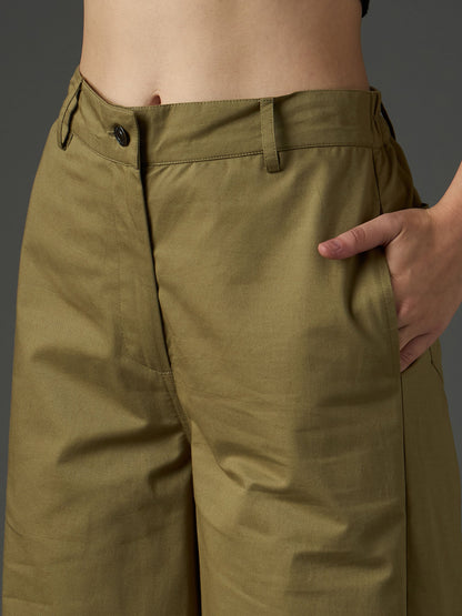 Women Olive Twill Flared Pants