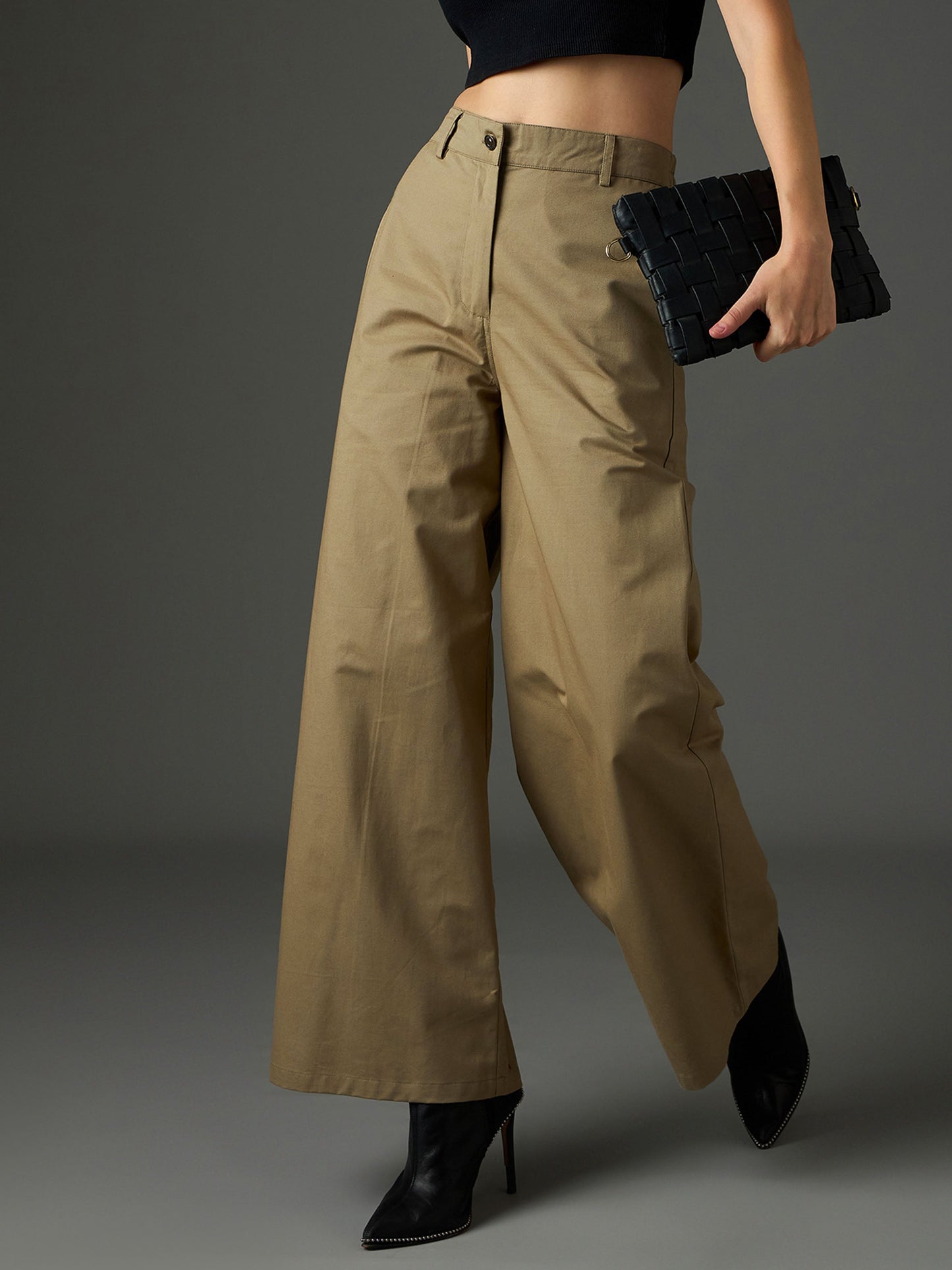 Women Pastel Olive Twill Flared Pants