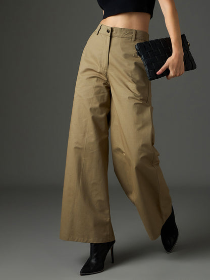 Women Pastel Olive Twill Flared Pants