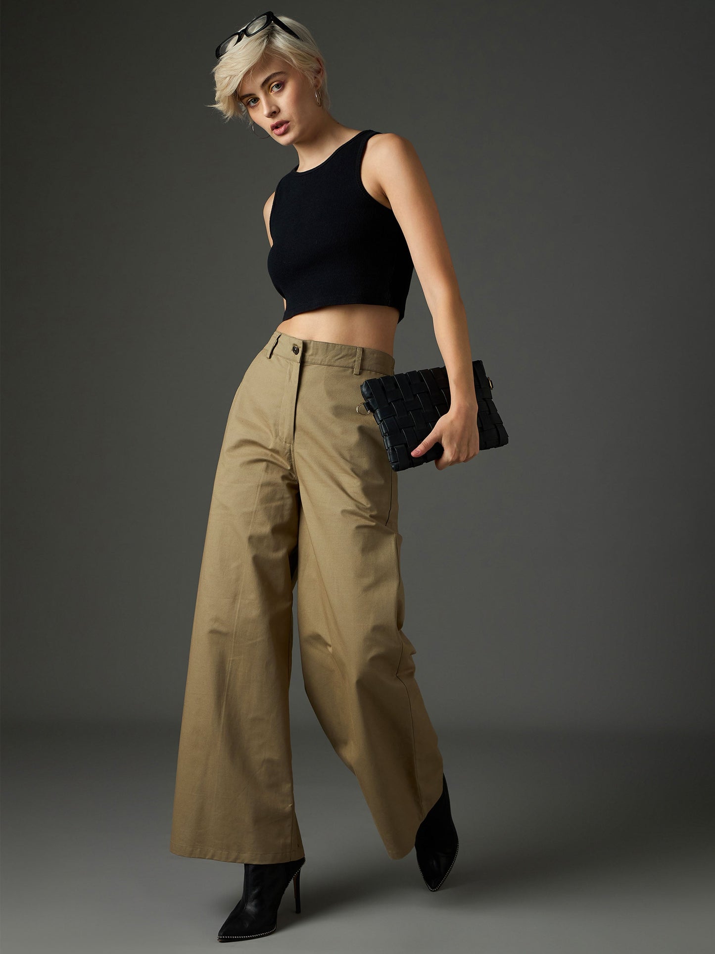Women Pastel Olive Twill Flared Pants