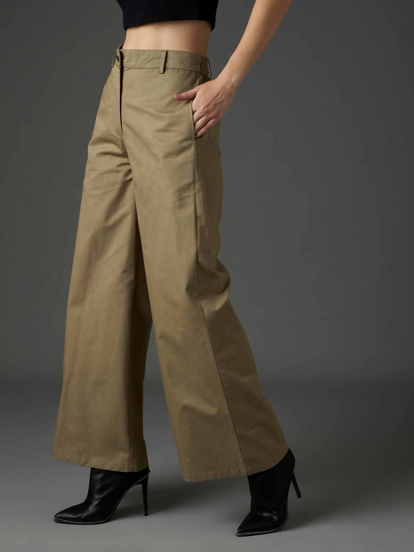 Women Pastel Olive Twill Flared Pants