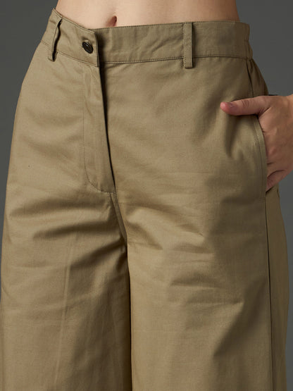 Women Pastel Olive Twill Flared Pants