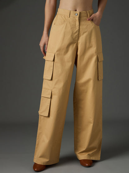 Women Beige Twill Box Pocket Straight Cargo Pants