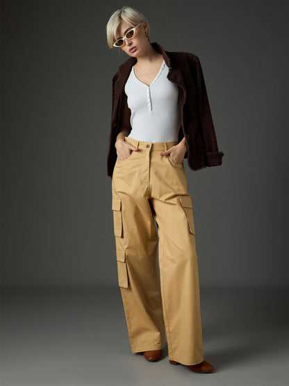 Women Beige Twill Box Pocket Straight Cargo Pants
