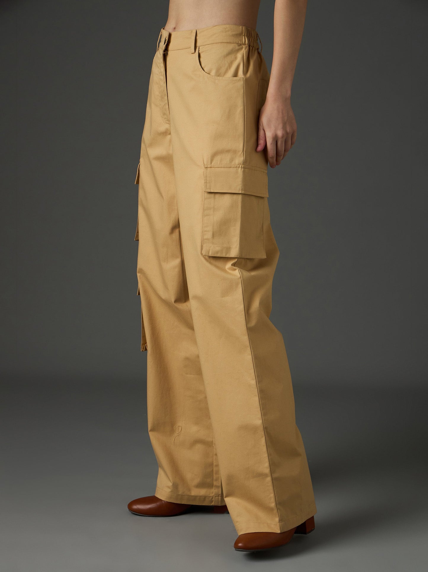 Women Beige Twill Box Pocket Straight Cargo Pants