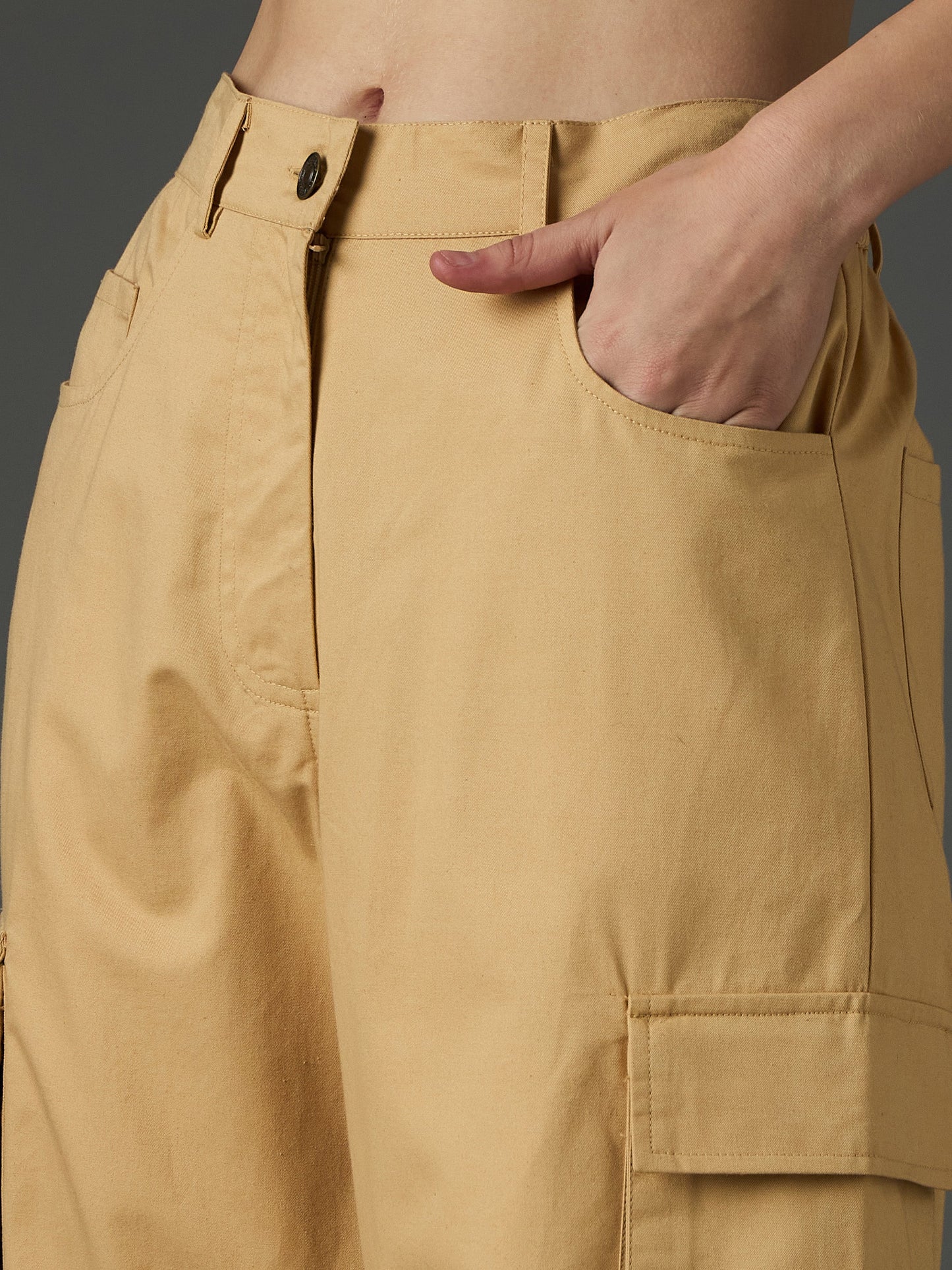 Women Beige Twill Box Pocket Straight Cargo Pants