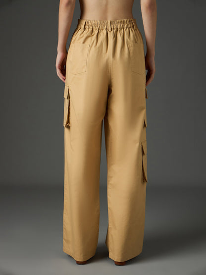 Women Beige Twill Box Pocket Straight Cargo Pants