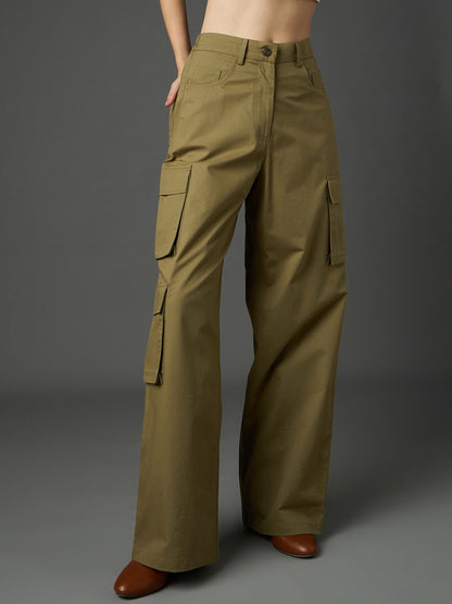 Women Olive Twill Box Pocket Straight Cargo Pants