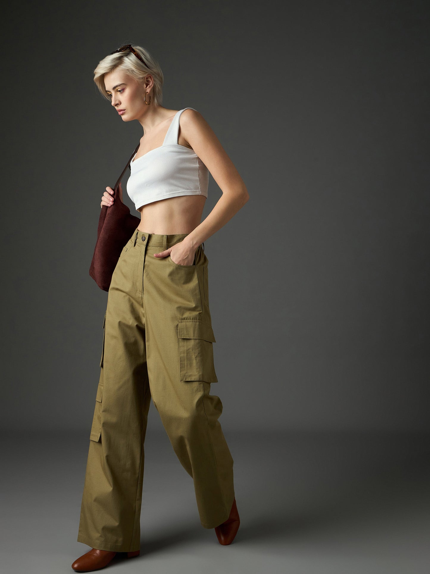 Women Olive Twill Box Pocket Straight Cargo Pants
