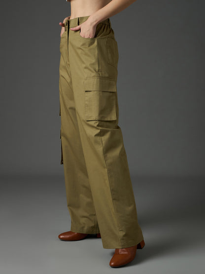 Women Olive Twill Box Pocket Straight Cargo Pants
