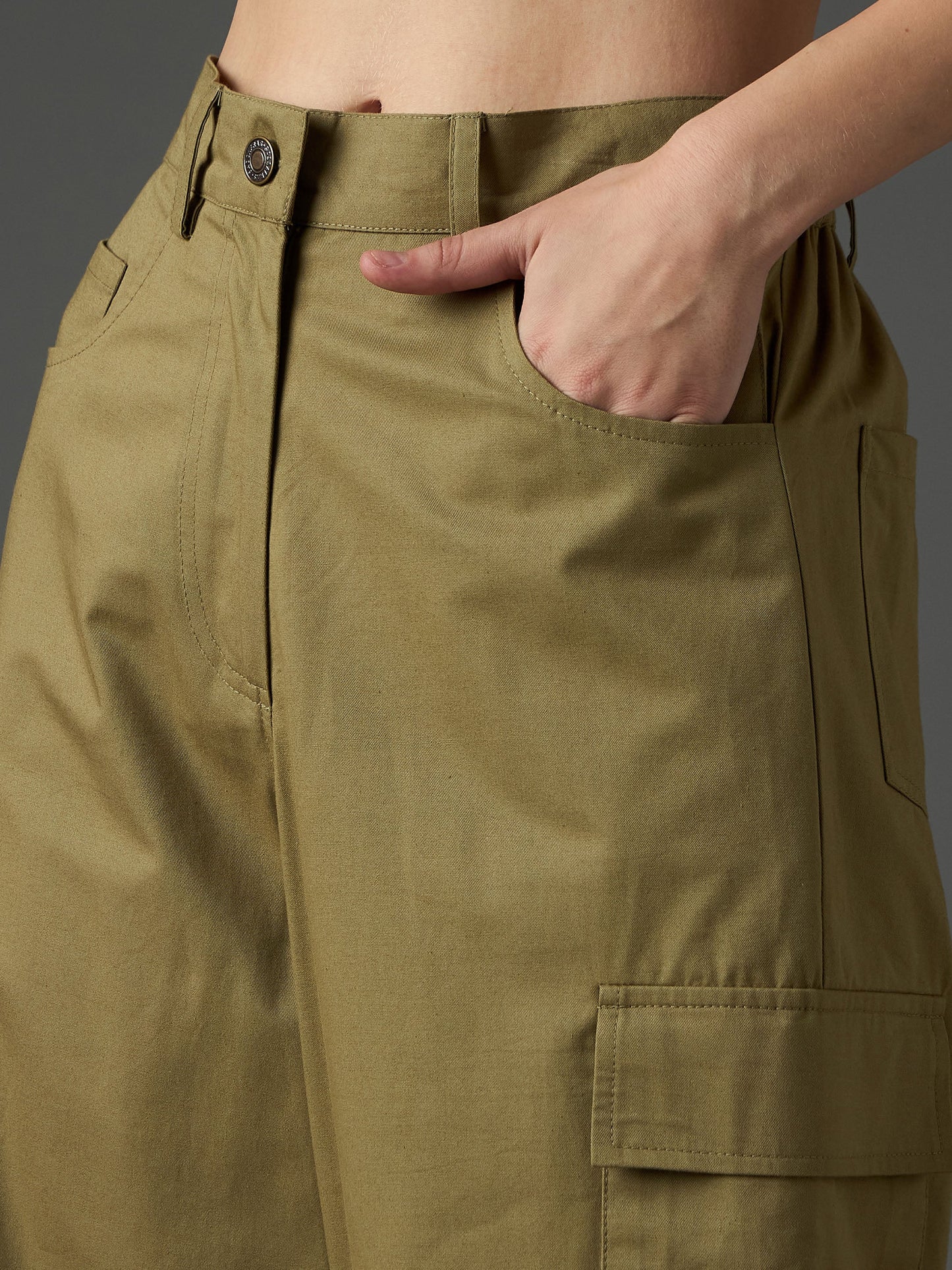 Women Olive Twill Box Pocket Straight Cargo Pants
