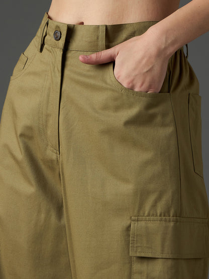 Women Olive Twill Box Pocket Straight Cargo Pants