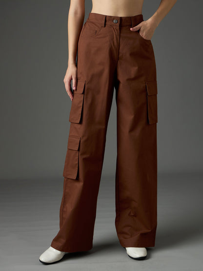 Women Brown Twill Box Pocket Straight Cargo Pants