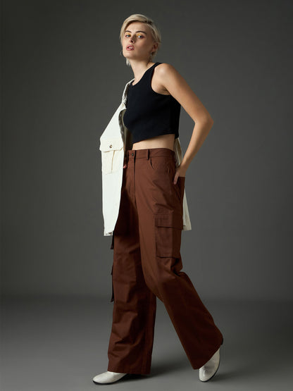 Women Brown Twill Box Pocket Straight Cargo Pants