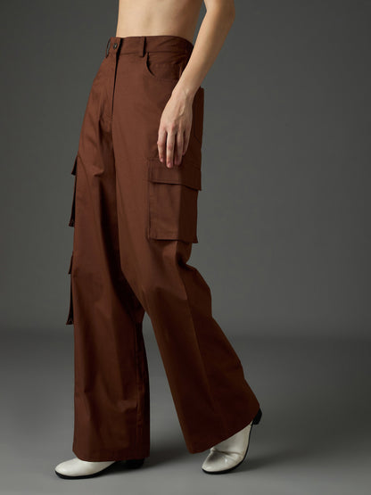 Women Brown Twill Box Pocket Straight Cargo Pants