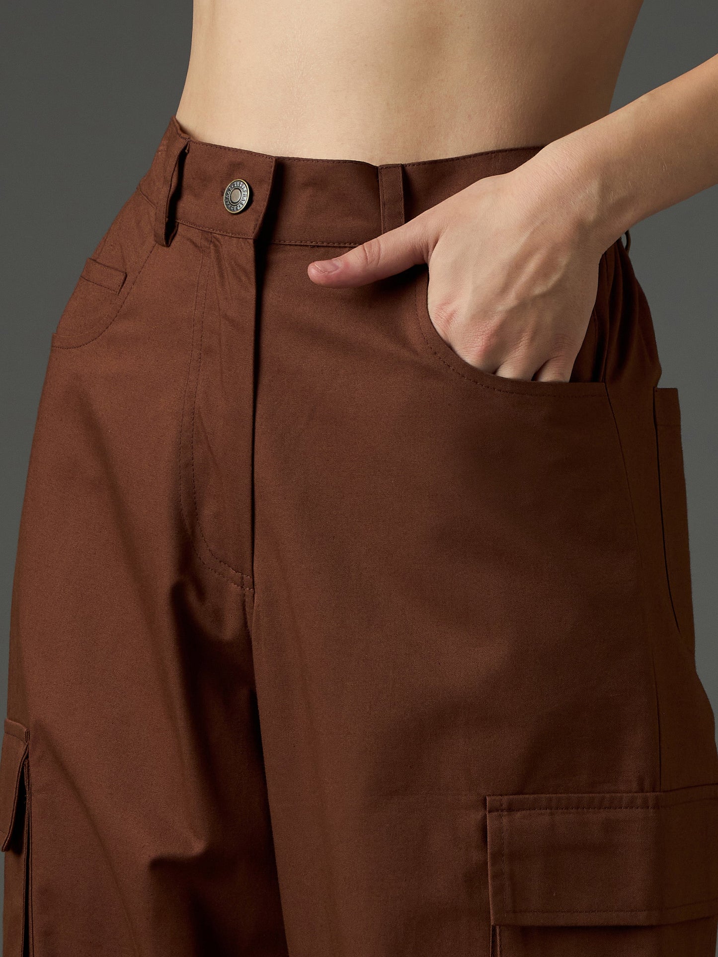 Women Brown Twill Box Pocket Straight Cargo Pants