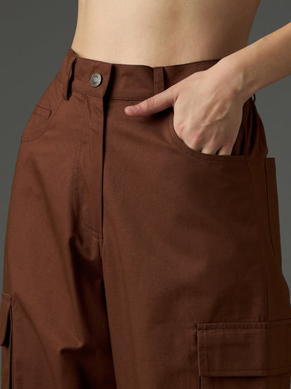 Women Brown Twill Box Pocket Straight Cargo Pants