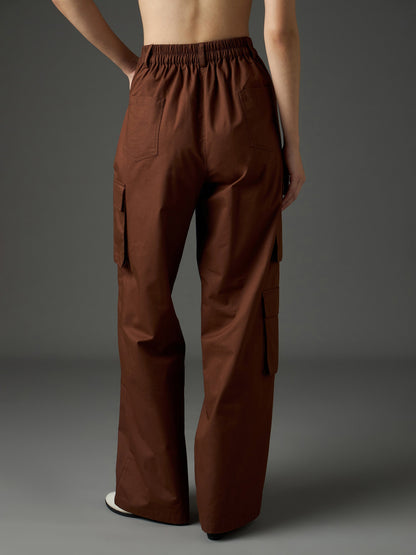 Women Brown Twill Box Pocket Straight Cargo Pants