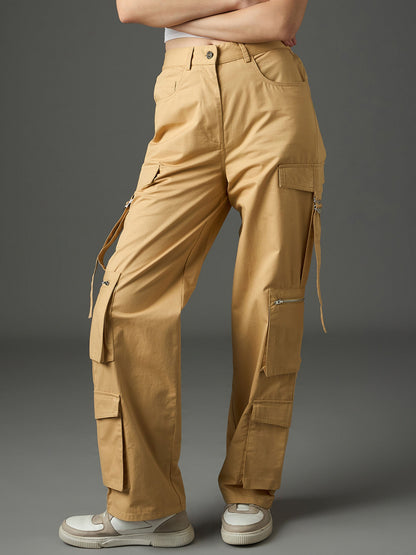 Women Beige Twill Zipper Pocket Cargo Straight Pants