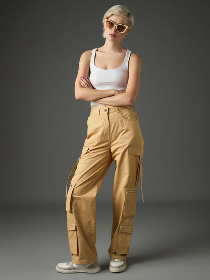 Women Beige Twill Zipper Pocket Cargo Straight Pants