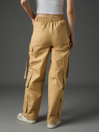 Women Beige Twill Zipper Pocket Cargo Straight Pants