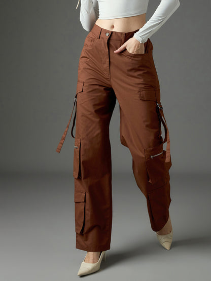 Women Brown Twill Zipper Pocket Cargo Straight Pants