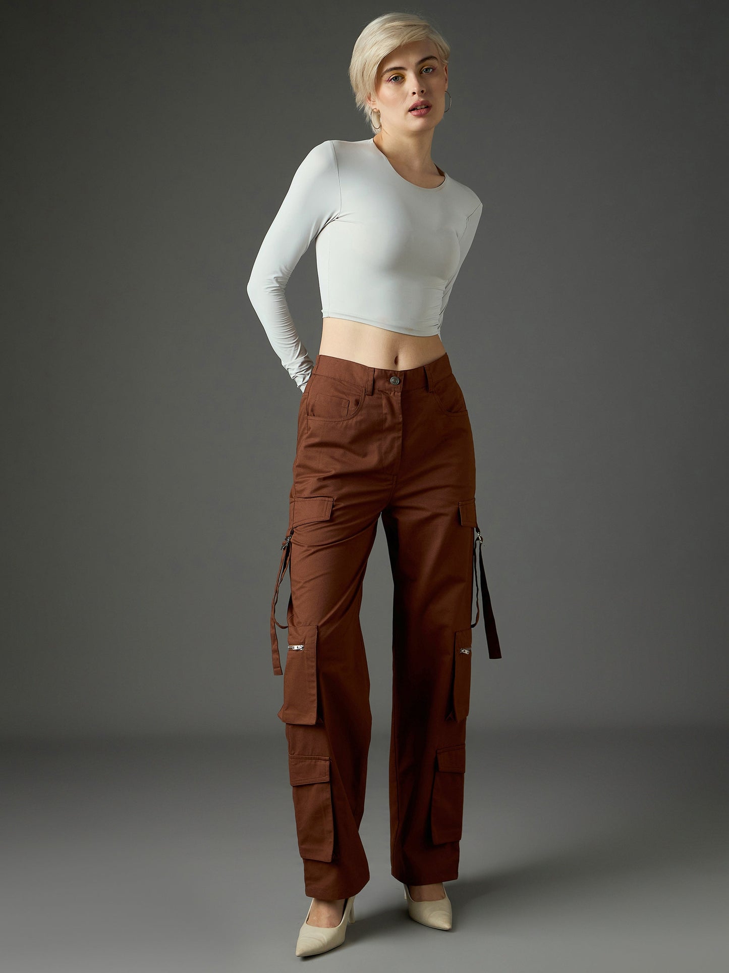 Women Brown Twill Zipper Pocket Cargo Straight Pants