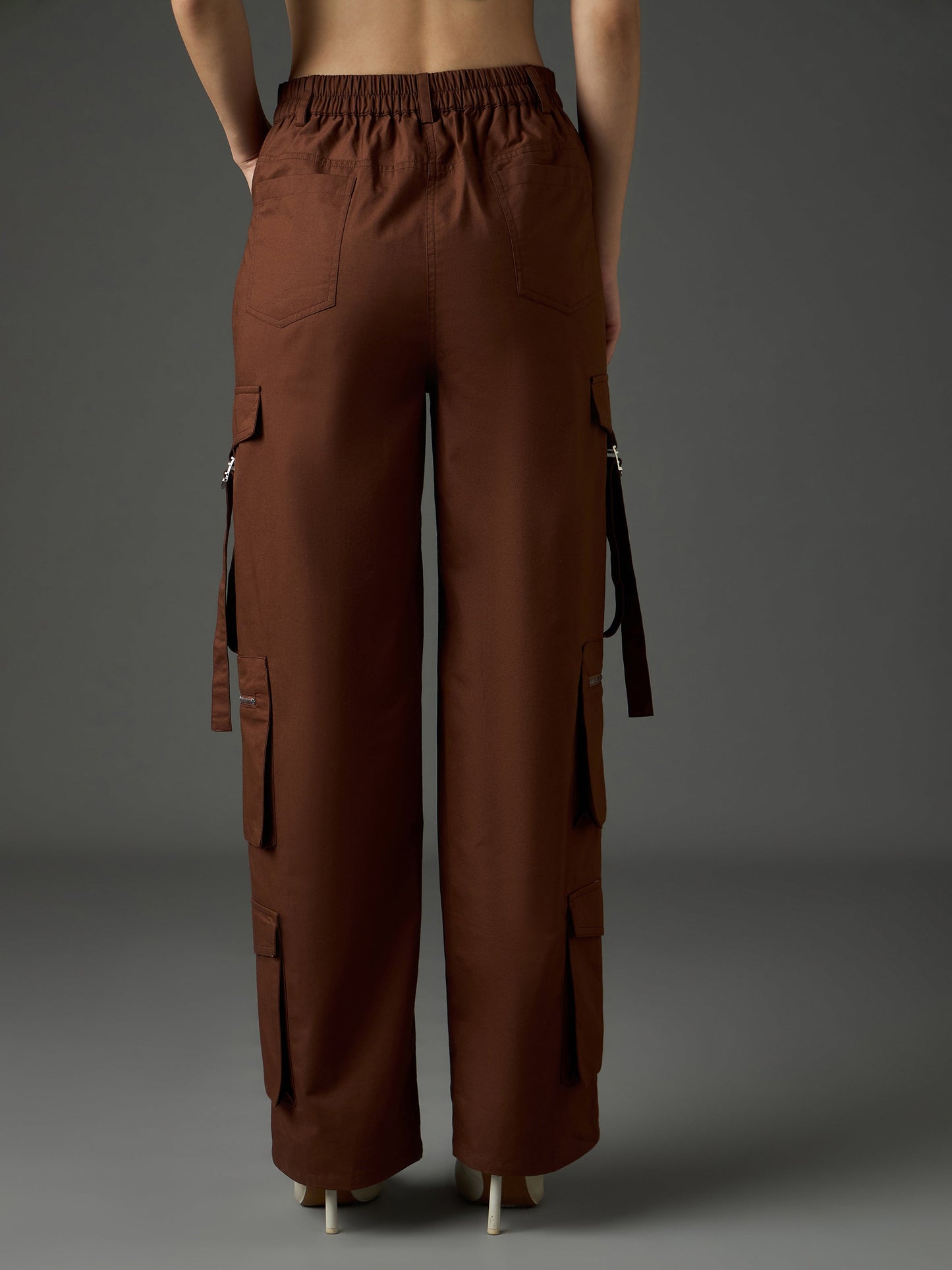 Women Brown Twill Zipper Pocket Cargo Straight Pants