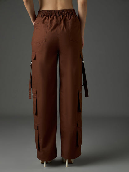 Women Brown Twill Zipper Pocket Cargo Straight Pants