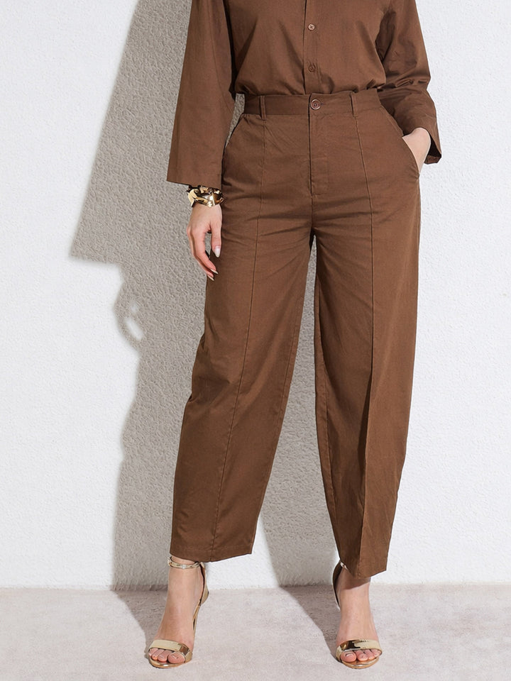 Women Brown Poplin Mom Fit Pants