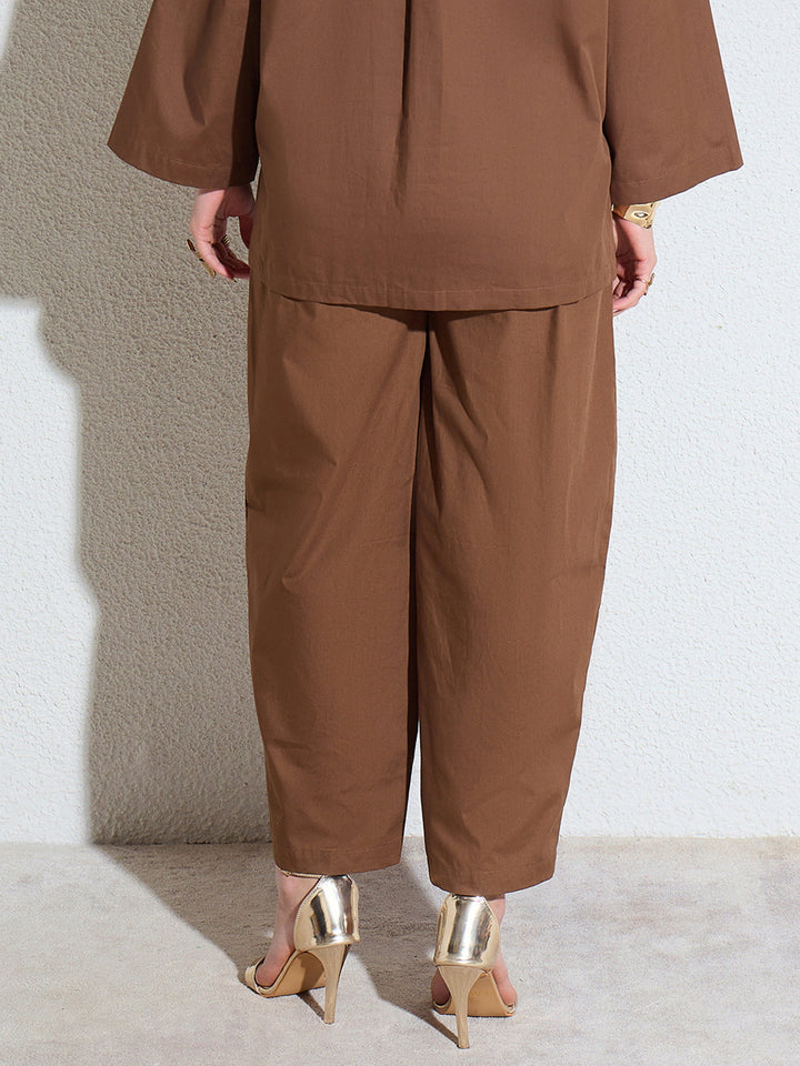 Women Brown Poplin Mom Fit Pants